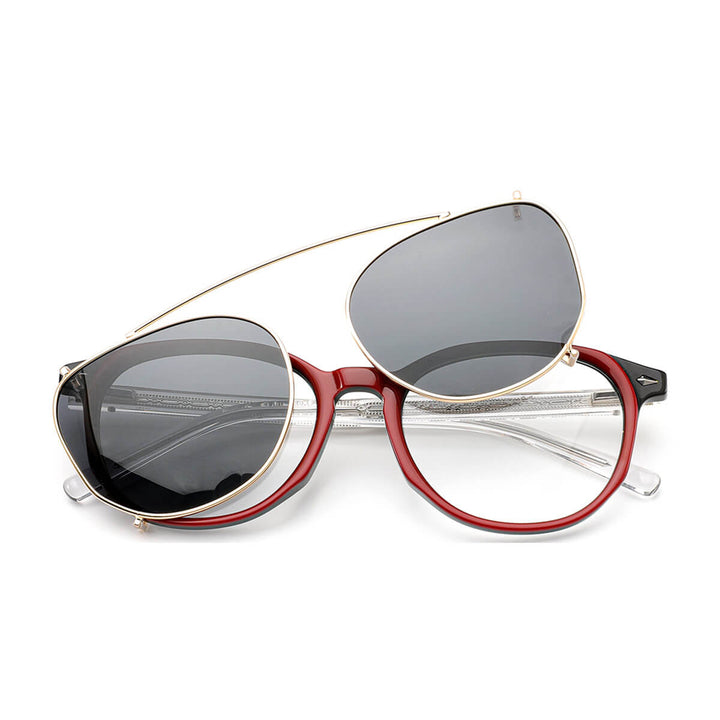 clip in glasses for goggles ClipGlide Oval Eyeglasses with Magnetic Clip-On Sunglass Shield, Garnet